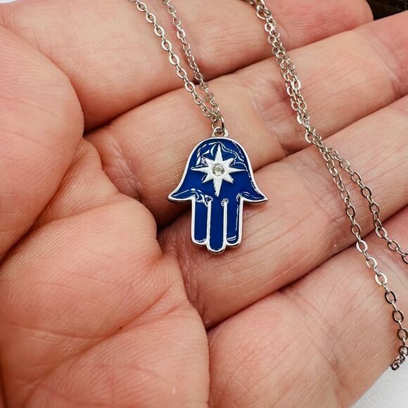 Sterling Silver Blue Enamel Hamsa Star of David Necklace - Picture 5 of 5